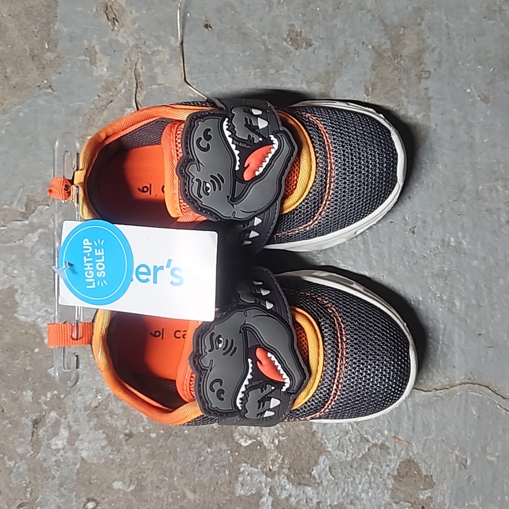 Carters toddler light up sneakers, gray w orange w dinosaur velcro strap size 6